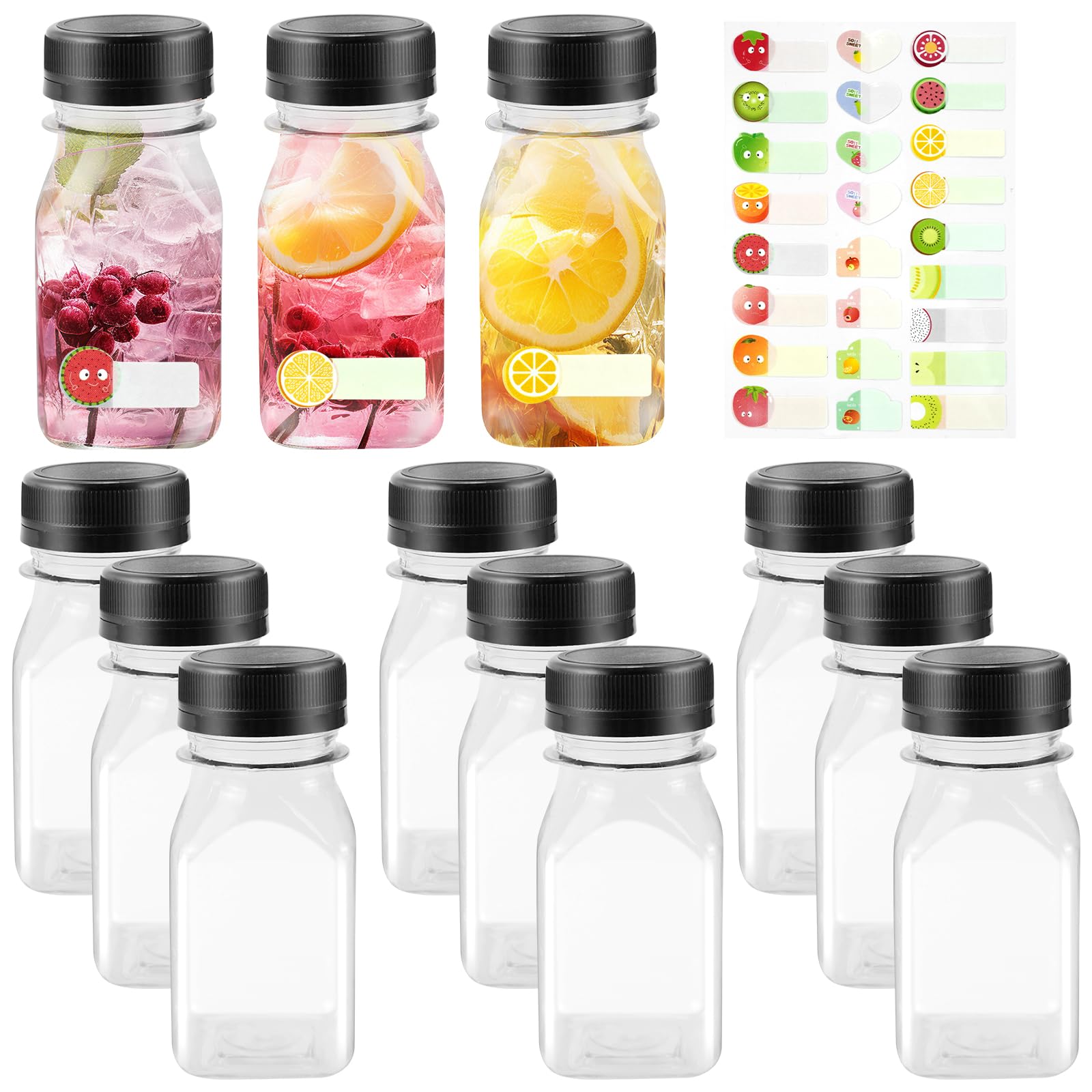 HXC Juice Bottles - 12 Pack 4oz/120ml Reusable Plastic Shot Bottles with Lids for Smoothie, Milk, or Juice Drinks - Includes Fruit Stickers