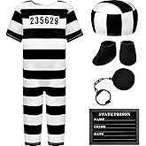 4 Pcs Halloween Prisoner Convict Costume with Toy Handcuff Child Prisoner Inmate Costume Prison Jumpsuit for Halloween Party