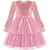 Arshiner Girls Velvet Tutu Dress Toddler Puff Long Sleeve Tiered Tulle Fall Winter Party Dresses with Ribbon