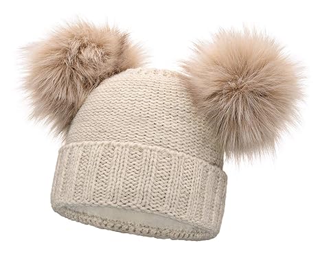 Neverless® gefütterte Damen Strickmütze mit Doppel-Fell-Bommel und Fleece Futter, Winter-Mütze, Bommelmütze