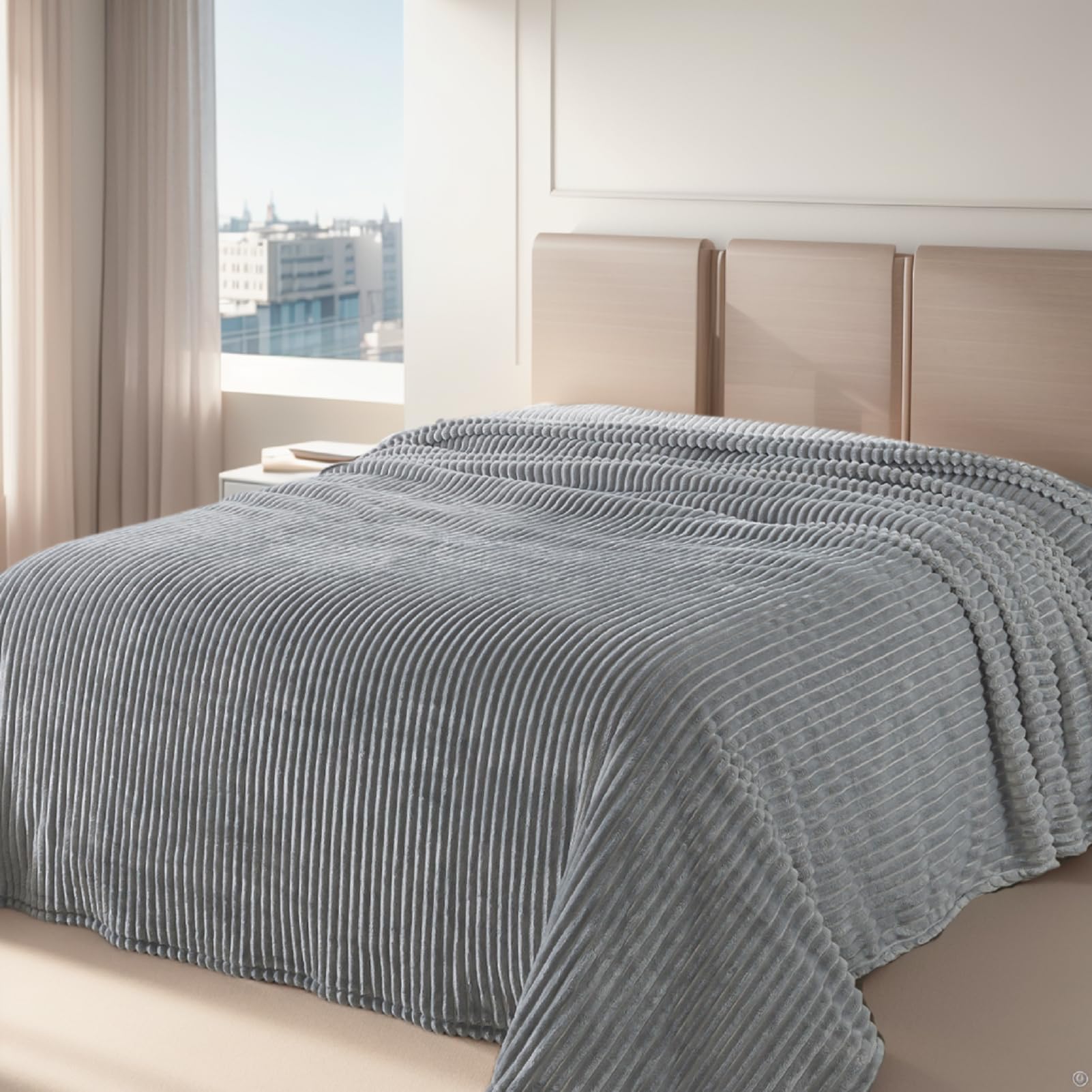 Photo 1 of Richave Cuddly Blanket Queen Size,Premium Lightweight Anti-Static Fluffy Fleece Blanket Blanket with Striped Pattern for Queen Full Bed, 90x90 Inches,Ash Grey