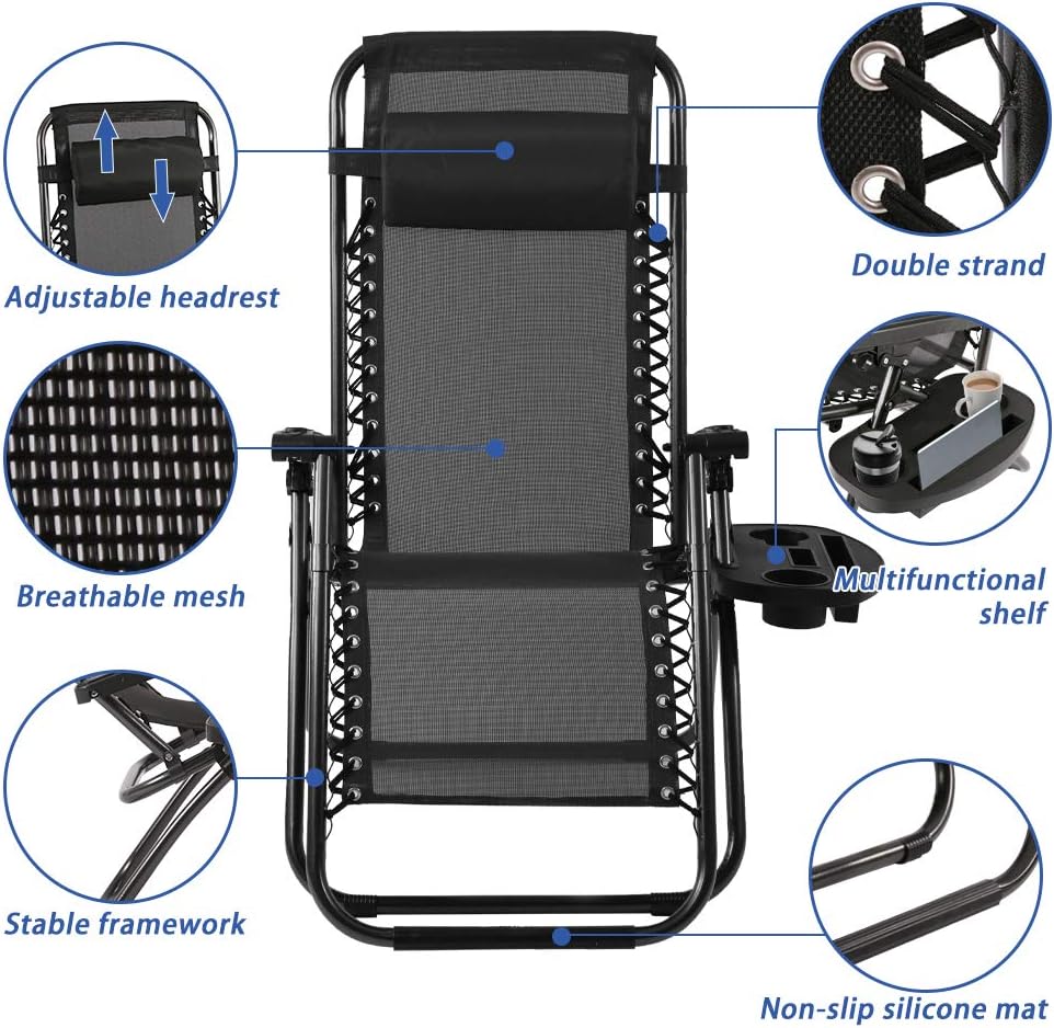 Vnewone Zero Gravity Patio Folding Anti Reclining Lounge Deck Foldable Yard with Pillow and Cup Holder, Black: Kitchen & Dining