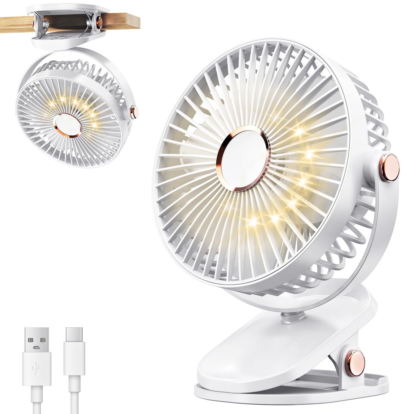 Photo 1 of iNeibo 4000mAh Portable Clip on Fan with LED Lights, Battery Operated USB Desk Fan,4 Speed Quiet Rechargeable Mini Table Fan, 360° Rotate Personal Cooling Fan for Home Office Stroller Camping (White)