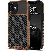 TENDLIN Compatible with iPhone 12 / iPhone 12 Pro Case Wood Grain with Carbon Fiber Texture Design Leather Hybrid Case Black