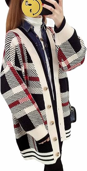 Mengfan カーディガン 春 厚手 レディース チェックコート バイカラー Vネック 防風 復古 ロングコート ゆったり シルエット トップス 韓国風 カジュアル G白 カーディガン ボレロ 通販 Amazon