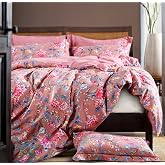Eikei Botanical Garden Duvet Cover Washed Brushed 100-percent Cotton Bedding Set Asian Chinoiserie Print Colorful Tropical Tree Branches and Birds Floral Pattern (King, Marsala)