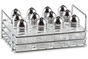 RSVP International Mini Glass Salt & Pepper Set Holder Included, 12 Shakers, Chrome and Stainless Steel
