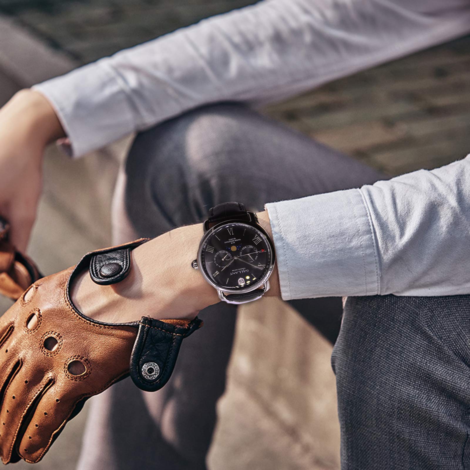 Mens Wrist Watch, GALLANT Analog Quartz Watches Men Wristwatch Leather Band Strap with Date Moon Phrase Date Calendar Waterproof Black Dial Casual Watch for Sports Daily Business