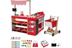 Costzon Kids Grocery Store Playset, Wooden Play Store w/Lights & Sound, Shopping Cart, Blackboards & Cash Register, Toddler Toy Grocery for Boys and Girls Ages 3+ (Red, 35.5" x 31" x 41")