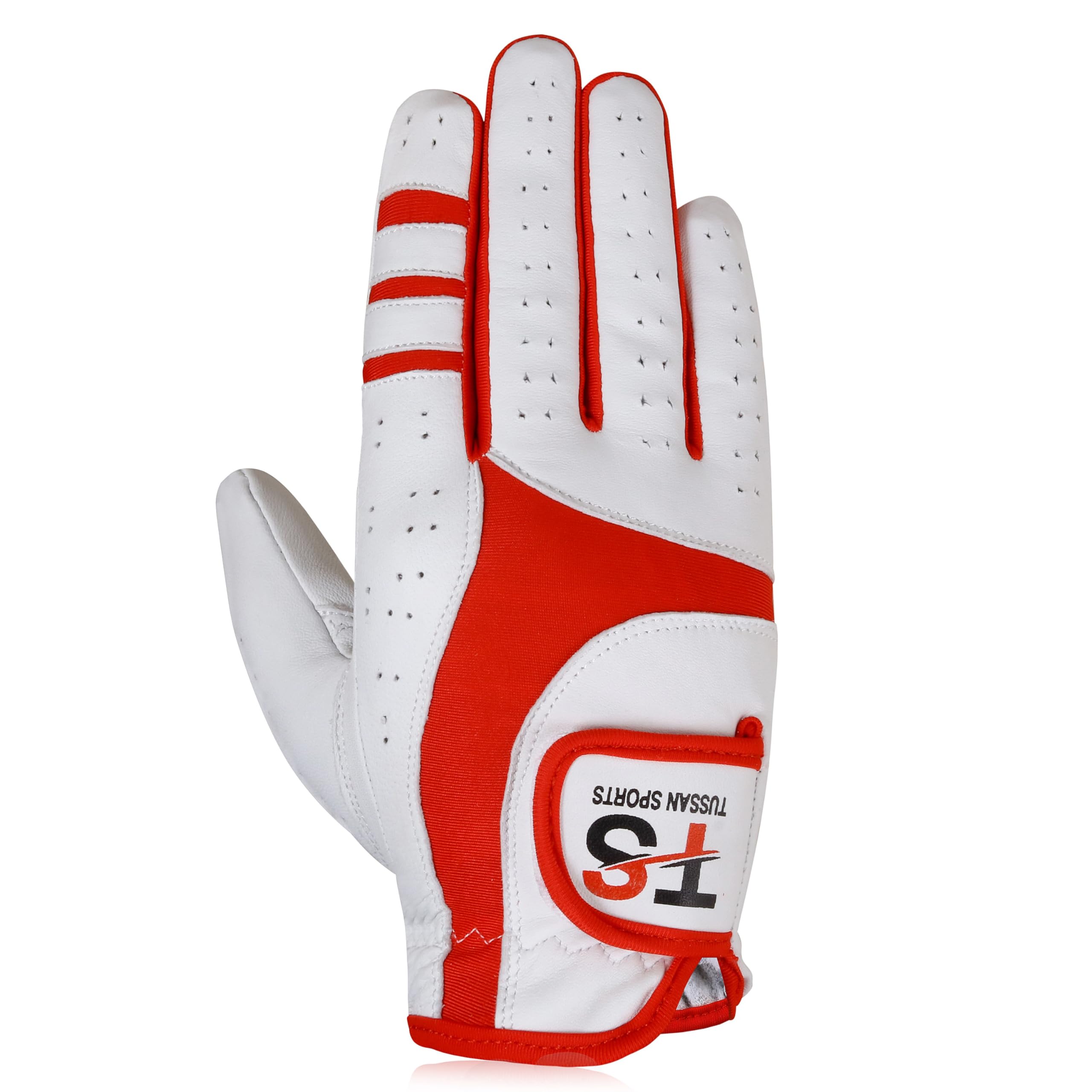 Tussan Sports Golf Glove Men's Durable Premium Leather Left Hand Right All Weather Grip Golfer Gloves Non Slip Flexible Golfing (Red Edition, S, Right)