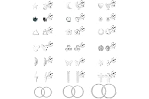 Staligue 21 Pairs Stainless Steel Earrings Set for Women Men Hypoallergenic 20G Flat Back Studs Earrings and Hoop Earrings Set Star Moon flower Snake Leaf Cartilage Piercing Earrings Jewelry Gifts