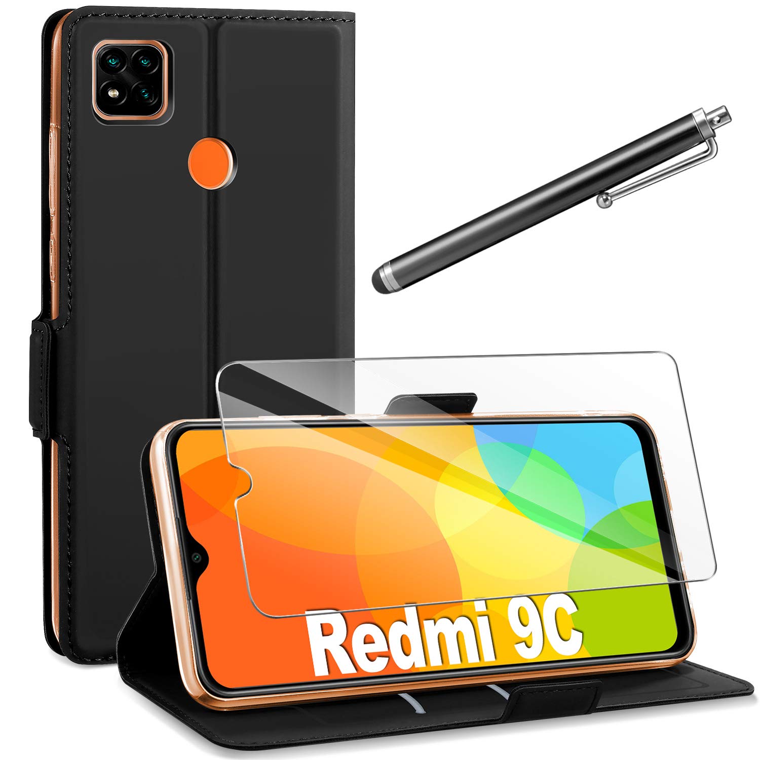 AROYI Xiaomi Redmi 9C Case + Screen Protector, 360 Degrees Protection Xiaomi Redmi 9C Case Cover Leather TPU Silicone Flip Cover Magnetic Bookstyle Wallet for Xiaomi Redmi 9C Black