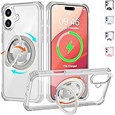 WPCase Clear Case for iPhone 16 Case with Magnetic 360 Rotatable Ring Stand [ Compatible with MagSafe ], Military Grade Heavy Duty Cover with Ring Kickstand for Women Men, Transparent