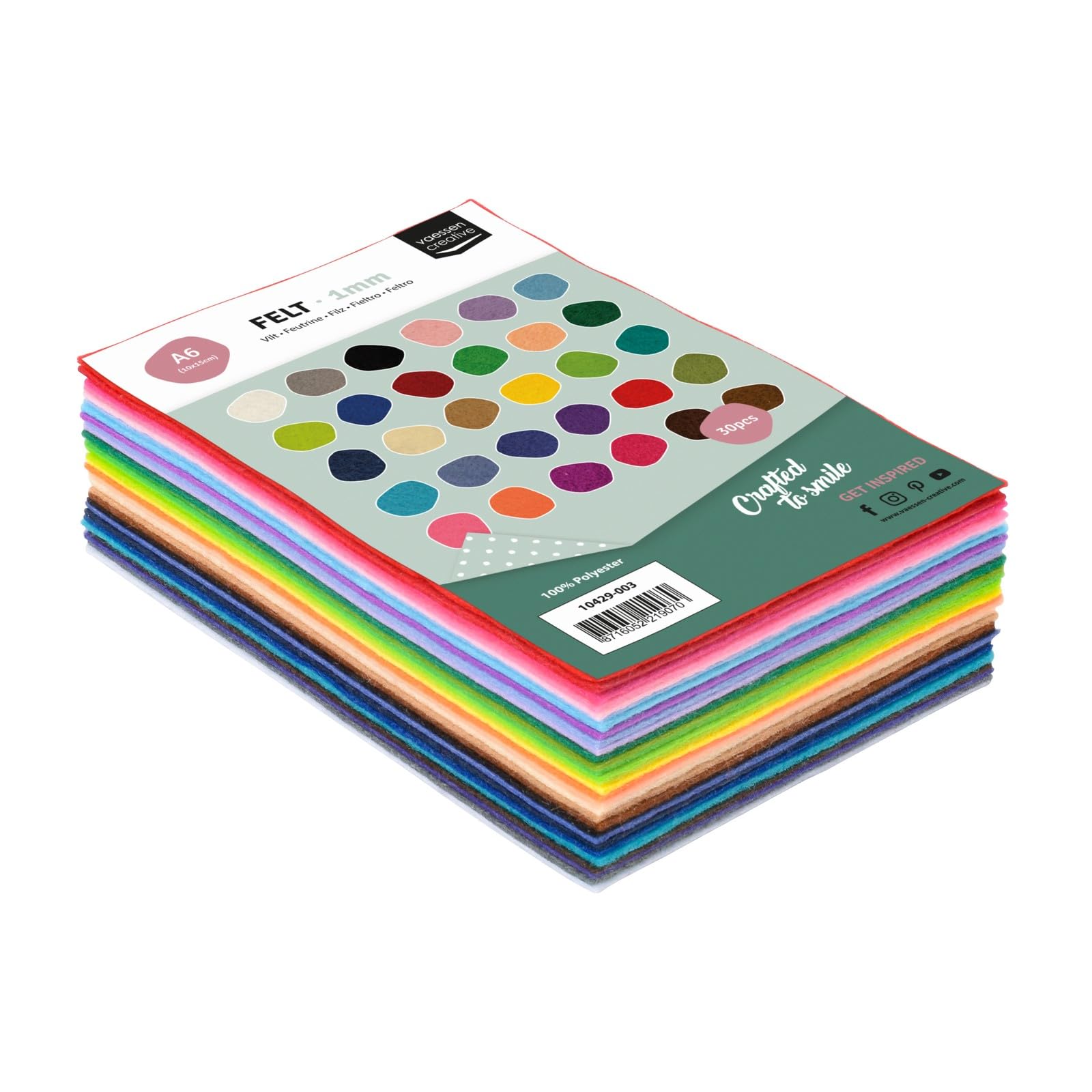 Vaessen Creative 10429-003 - Hojas de fieltro A6, 10x15 cm, 1 mm weight, 30 units, multicolor