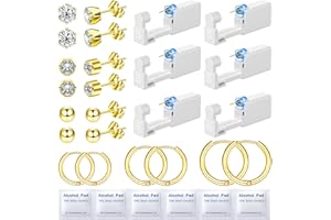 Nunpag 24 Pcs Ear Piercing Kit Ear Disposable Piercing Gun Kit Includes 6 Pcs Self Piercing Gun 12 Pcs Cubic Zirconia Earrings Stud Hoop Earrings Easy-to-Use Ear Piercer Kit Tool, Gold