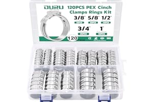OURU 120PCS Pex Crimp Rings Assortment,304 Stainless Steel Pex Clamps 3/8",1/2",3/4",5/8",1" Single Ear Hose Clamps,Pex Cinch Clamps for Pex Fittings Pipe Tubing