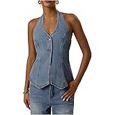 SweatyRocks Women's Denim Top Halter Neck Backless Jean Vest Tops Button Up Waistcoat