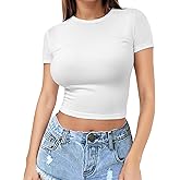 Womens Short Sleeve Crop Top Crew Neck Y2K Shirt Sexy Slim Fitted Casual Base Layer Soft Workout Shirt Going Out Tops
