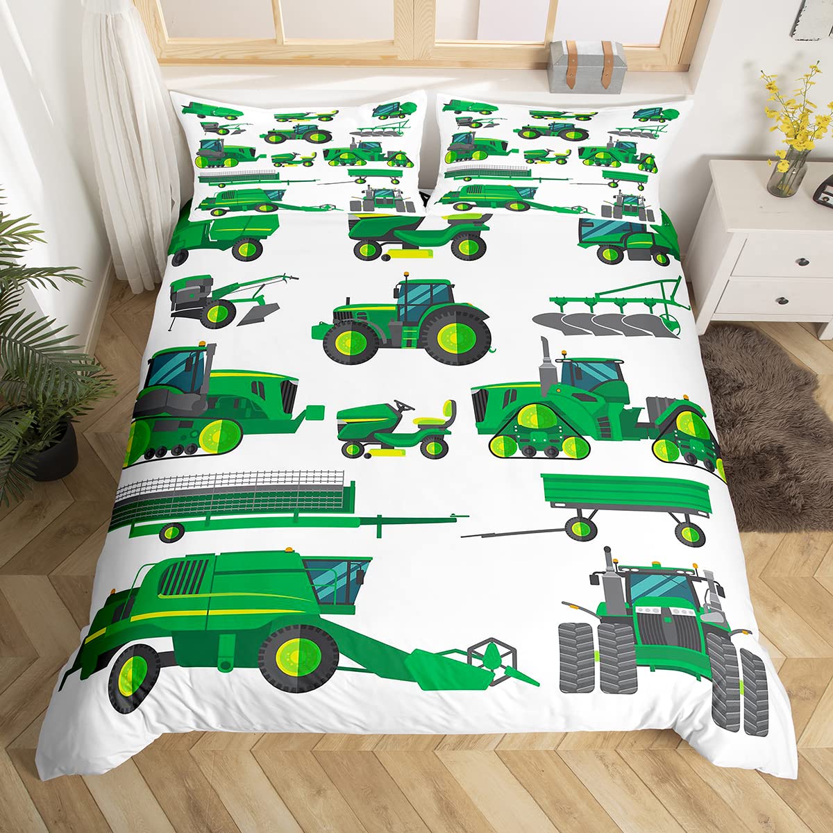 Loussiesd Kids Car Bedding Cartoon Excavator Construction Truck Bedding Set For Boys Children Heavy Machinery Vehicles Duvet Cover Set Room Decor Single& Linen Bedspread Cover 2Pcs