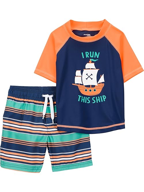 Simple Joys by Carter's Baby 2-piece Swimsuit Trunk and Rashguard, Orange Blue Ship, 3-6 months