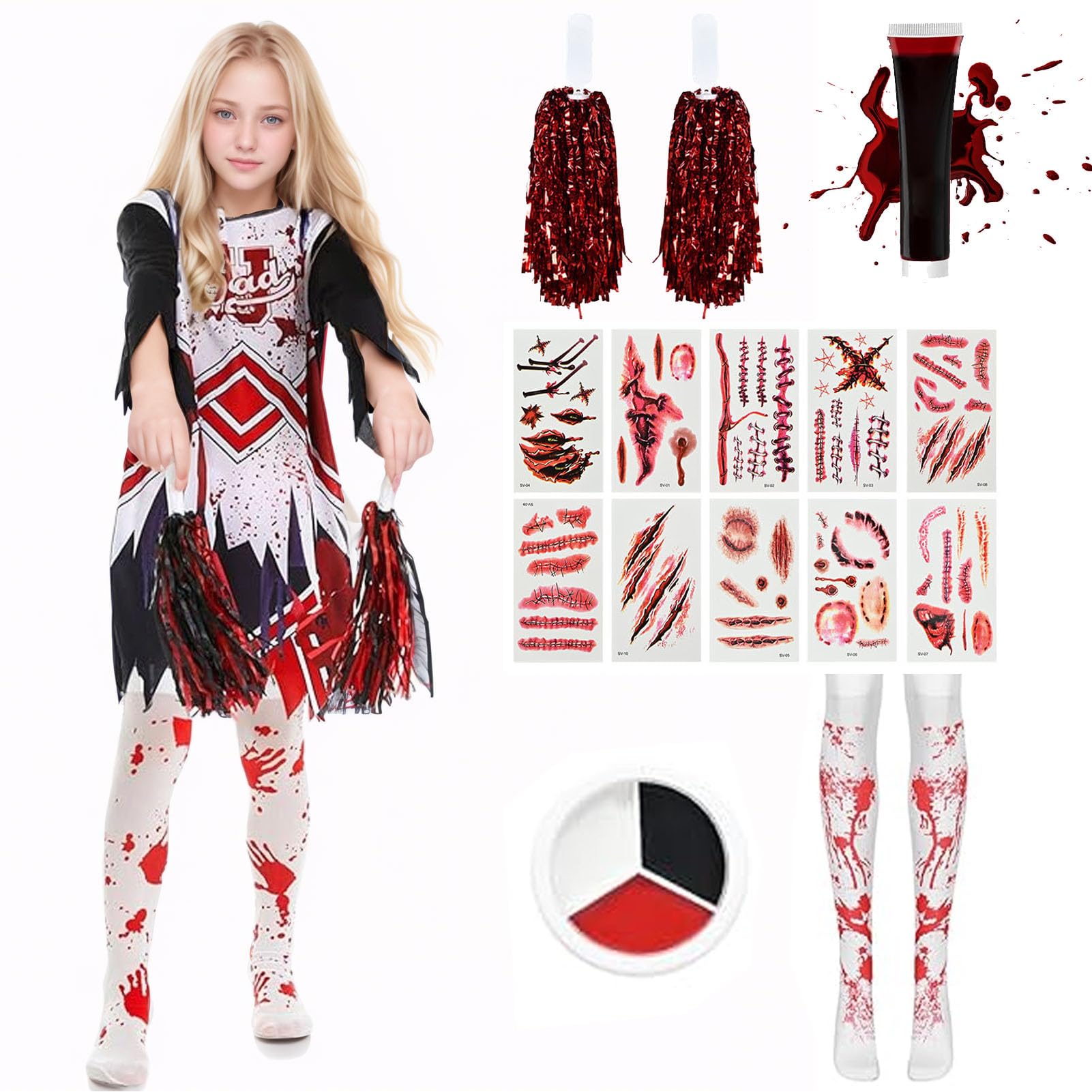 Maryparty Zombie Cheerleader Costume Zombie Costume Kids with Blood for Halloween (M)