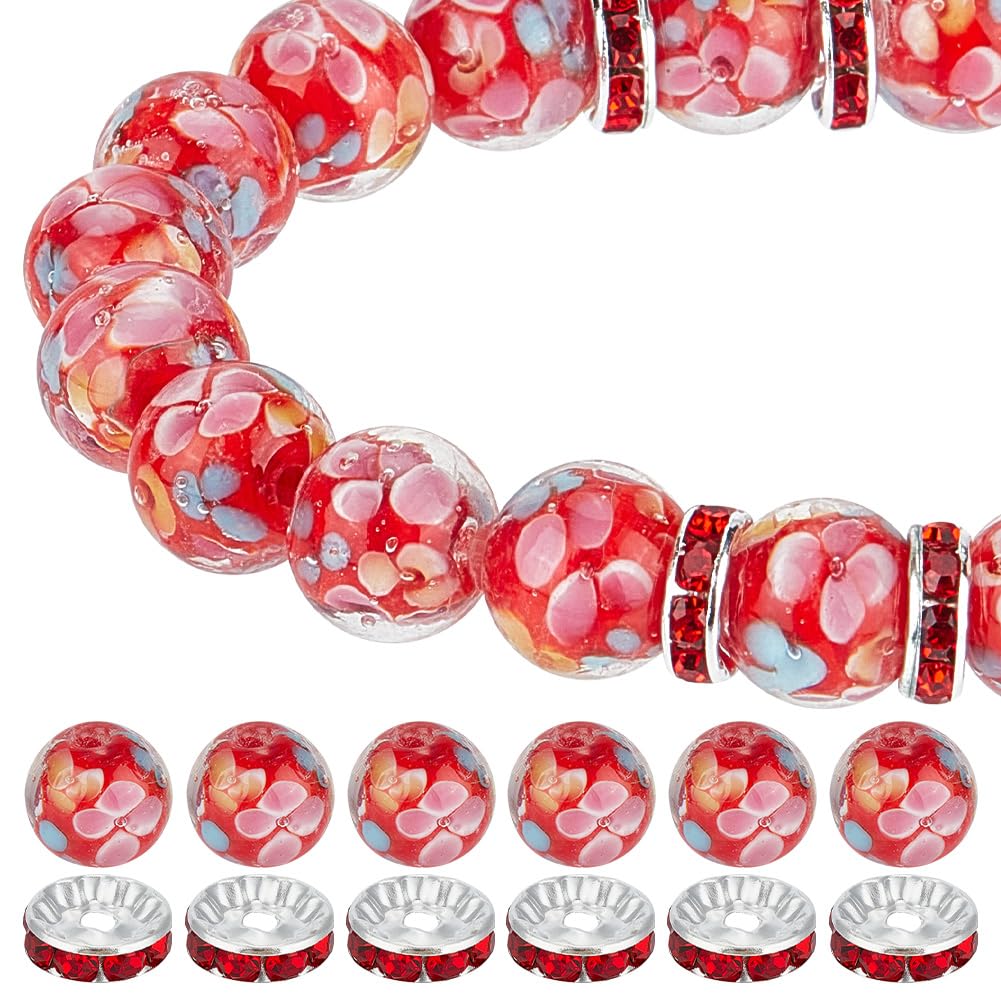 GOMAKERER 20 Pcs 12mm Red Lampwork Flower Glass Beads with 20 Pcs Pave Rhinestone Spacer Beads, Flower Beads Jewelry Making Finding Kits Round Ball Beads Flat Loose Spacer Beads for DIY