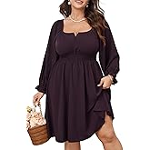 SHESTARR Womens Plus Size Cocktail Dress Fall Off Shoulder Long Sleeve Square Neck Smocked Waist Flowy A Line Short Dress