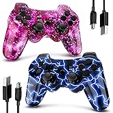 Wireless Controller for PS3, Gaming Remote Joystick for Play 3 with Charger Cable Cord (BlueFlash and PurpleSky)
