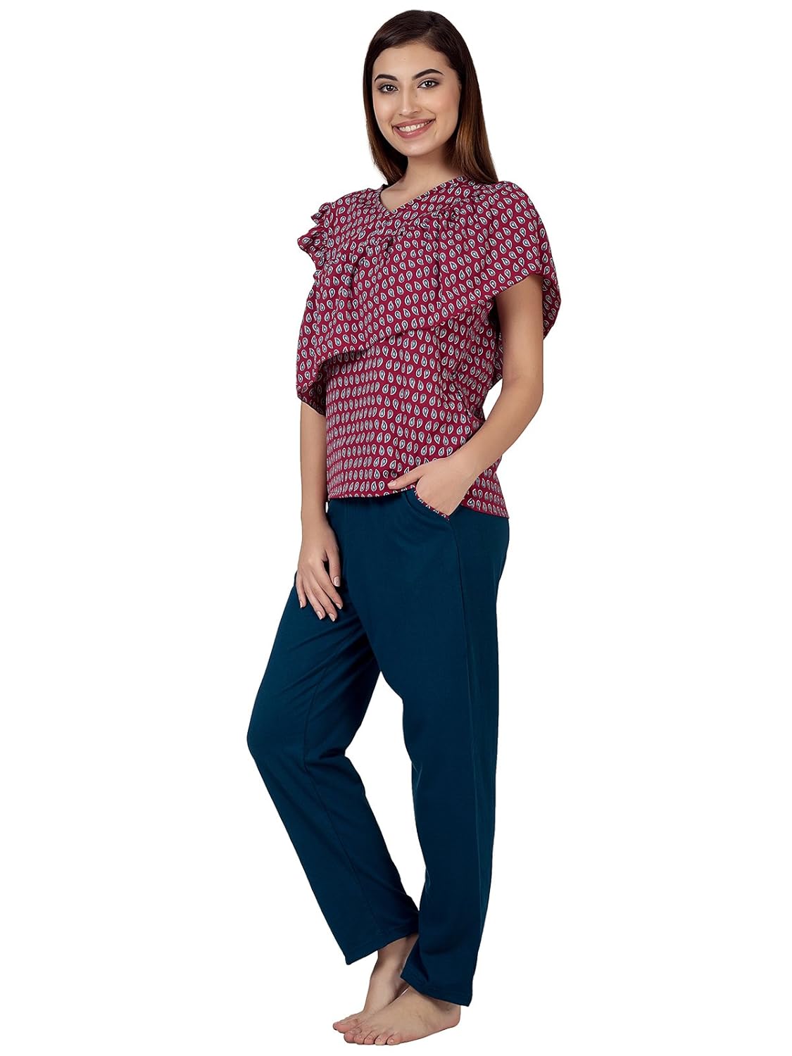 clovia women's crepe printed frilled top & cotton rich pyjama