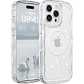 FABSPARK Case for iPhone 15 Pro,Compatible with MagSafe,Magnetic Clear Curly Wavy Frame Wave Case with Sparkly Bling Glitter,Transparent Acrylic Hard PC for iPhone 15 Pro,Glitter Clear