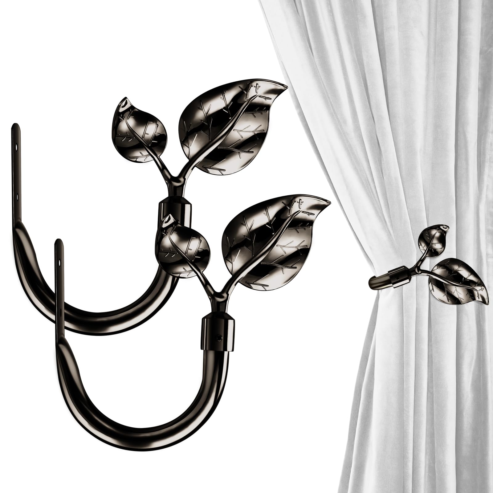 HIKMLK Leaf Shaped Curtain Holdbacks 2pcs, Handmade Metal Curtain Side Holders for Wall, Curtain Tieback Hook Pull Backs for Drapes Window Home Decoration (Black Nickel)