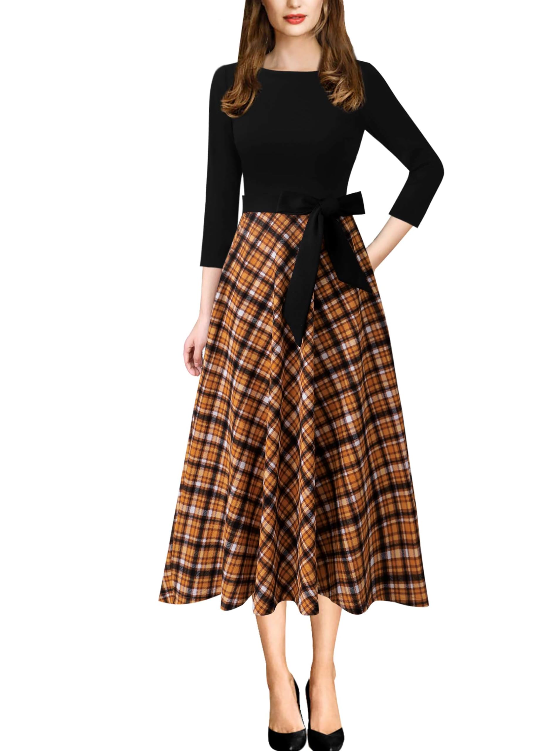Photo 1 of VFSHOW Womens Black and Yellow Check Print Patchwork Pockets Belted Pleated Work Business Office Casual A-Line Midi Dress 7730 BLK M