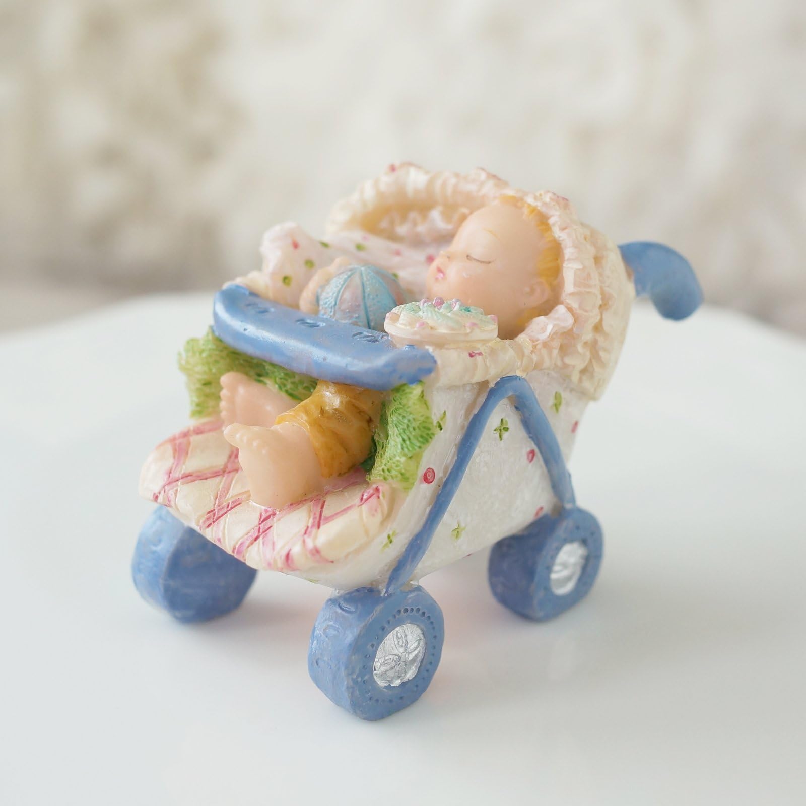 Vintage Style Sleeping Baby in Blue Stroller Figurine Statue Keepsake Decor