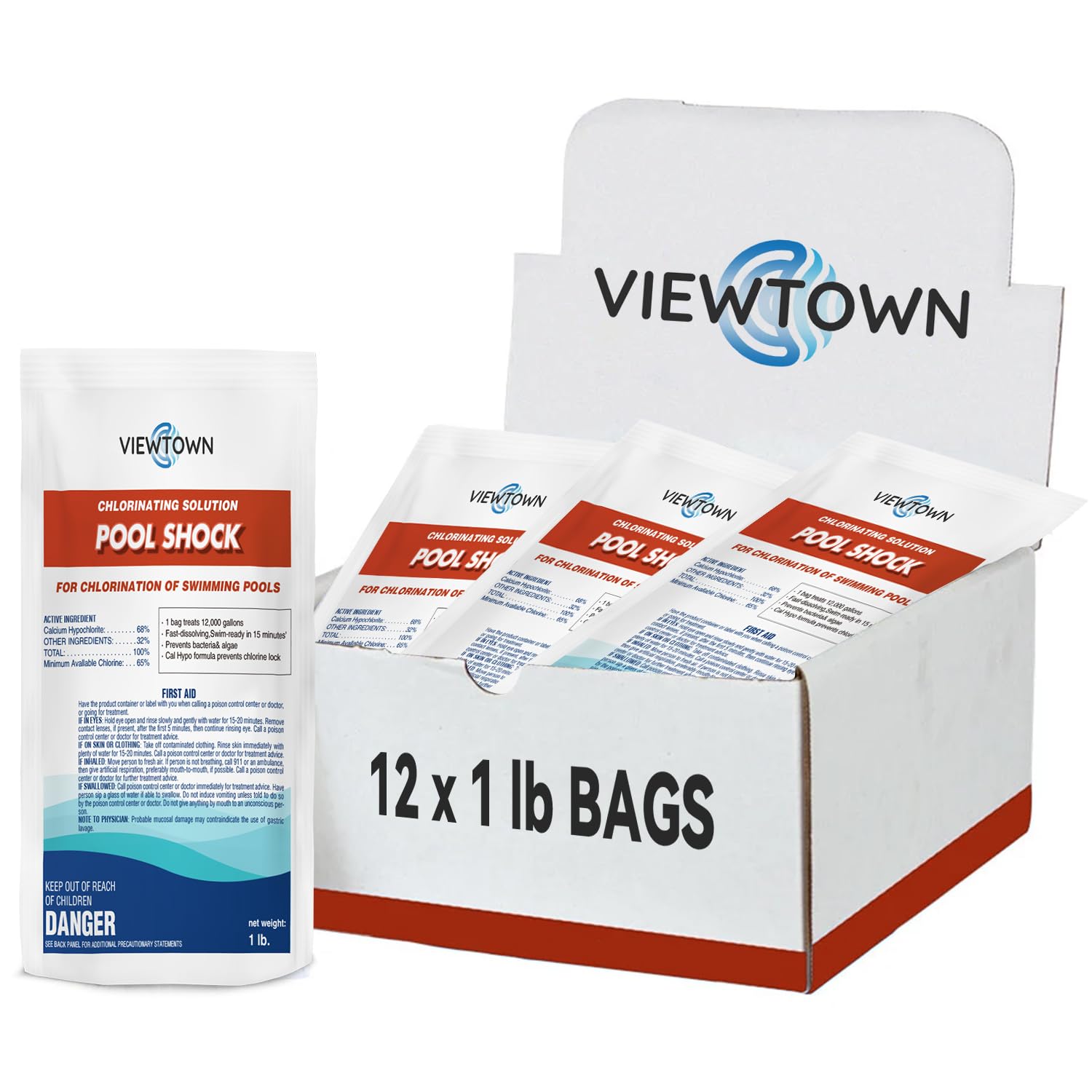 Photo 1 of 12LBs Pool Shock 68% Calcium Hypochlorite-Chlorine Granular Sanitizer-Kills Bacteria, Algae & Microorganisms-for Inground Pools, Above Ground Pools, Hot Tubs & Spas-1 lb Bag (12-Pack)
