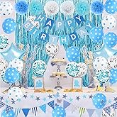 Light Blue Birthday Decorations, Blue and White Happy Bday Party Supplies with Tissue Pom Pom flowers, Happy Birthday Banner, Confetti Balloons, Foil Fringe Curtain for Men Women