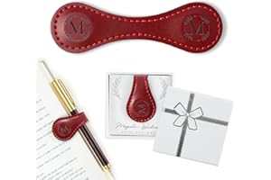 KIKIDWIS Personalized Leather Magnetic Bookmark with Pen Holder – Custom Initial Design for Readers（RED-M）
