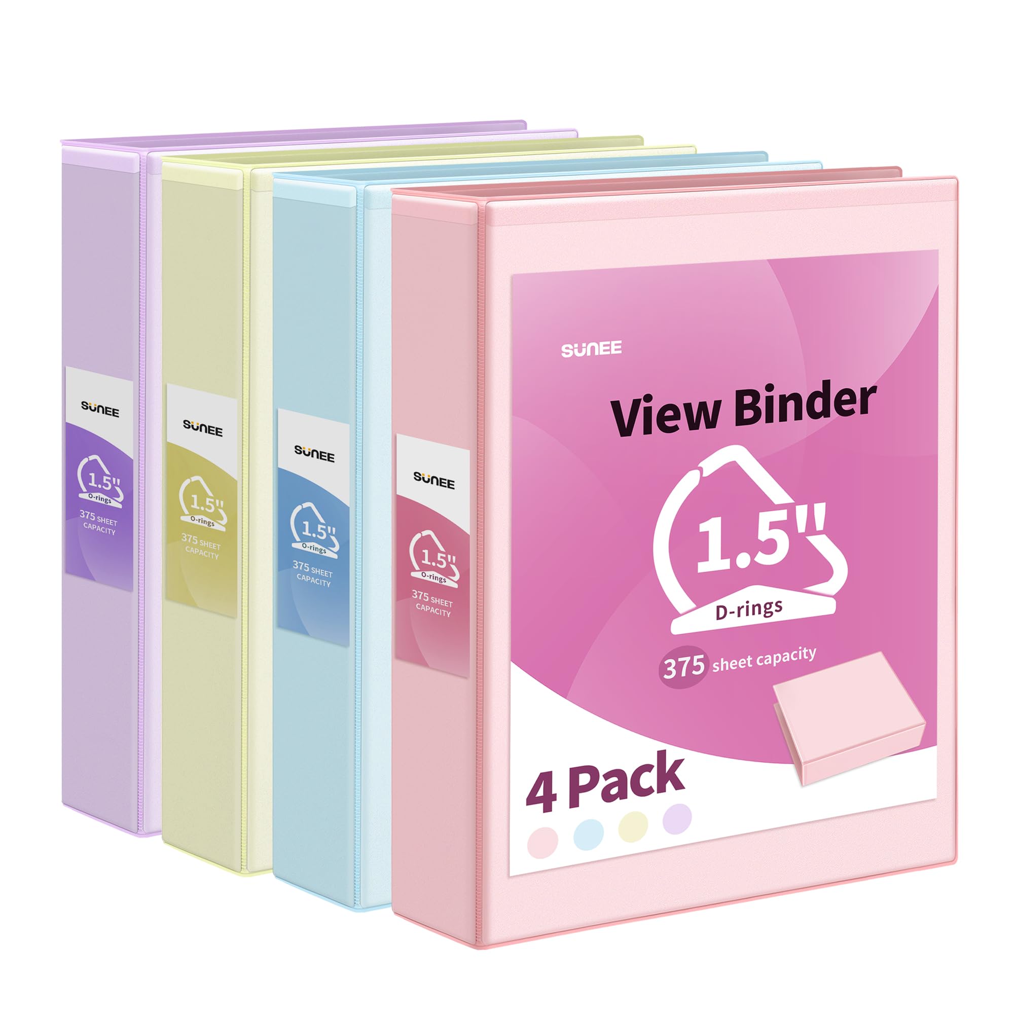 Photo 1 of SUNEE 3 Ring Binder 1.5 Inch D Ring, Clear View Binder Three Ring PVC-Free (Fit 8.5x11 Inches) for School Binder or Office Binder Supplies, Assorted Pastel Binder, 4 Pack