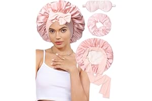 CHLINS 100% Mulberry Silk Bonnet for Sleeping Women Silk Hair Bonnet Elastic Tie Band with Silk Hair Scrunchies Silk Sleep Eye Mask(Pink+Off-White)