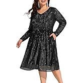 CARCOS Plus Size Sequin Dresses for Women V Neck Long Sleeve Party Dress Sparkle Club Dresses Evening Wedding Dresses XL-5XL
