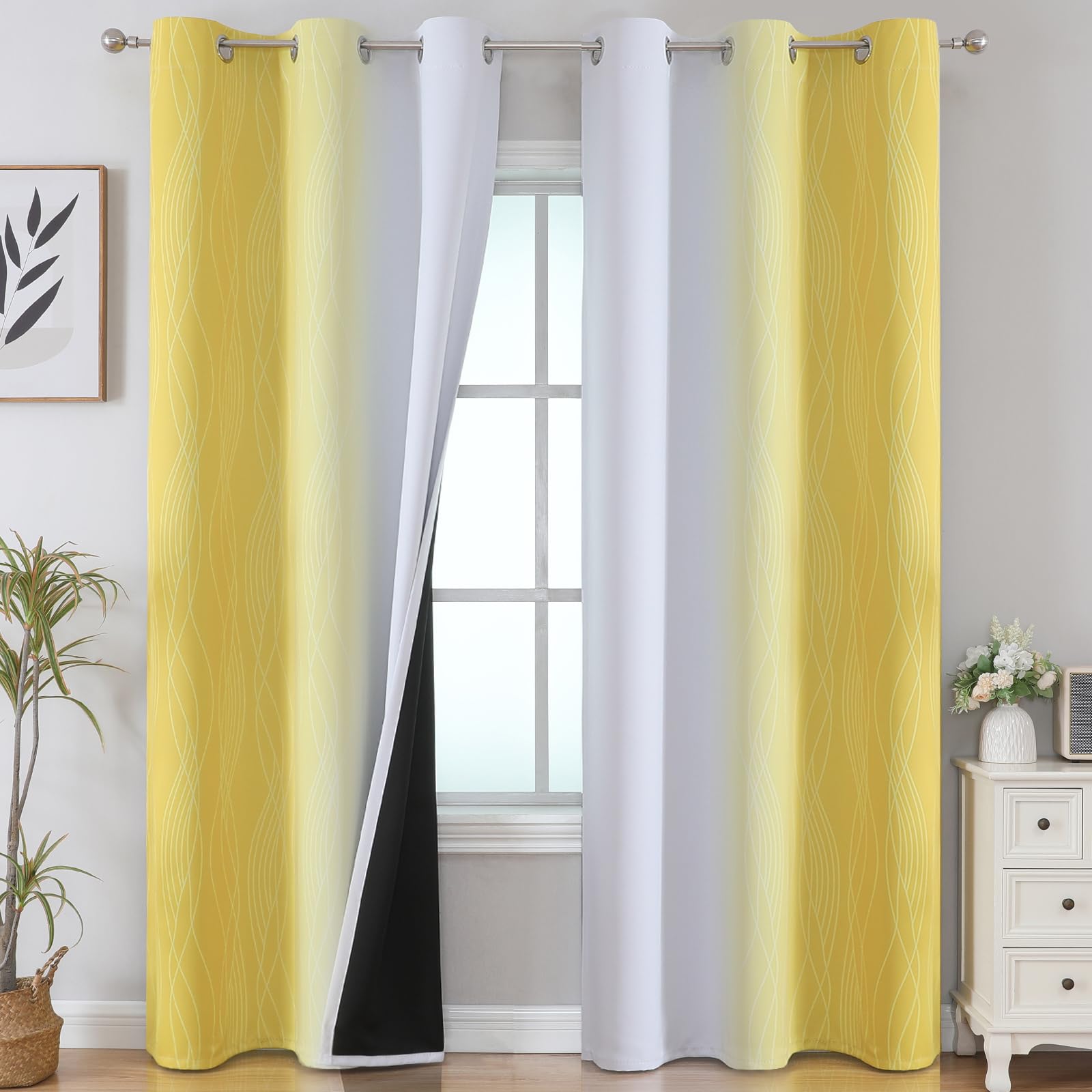 VEHEDE Ombre Blackout Bedroom Curtains 84 Long Drop Pair, Stripe Wave Gradient Thermal Insulated Window Drapes for Living Room, W42 x L84 Inch, Yellow and Greyish White, 2 Pieces