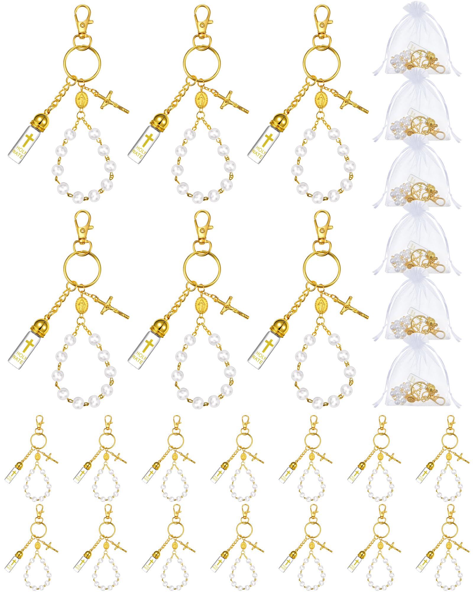 Photo 1 of Blushtier 20 Set Holy Water Bottle Keychain Gift Bulk with Rosary Bead Crucifix Organza Bags Eyedropper for Party Favor(Gold)