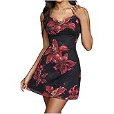 Milumia Women's Floral Draped Neck Cami Dress Backless Spaghetti Strap Short Dresses