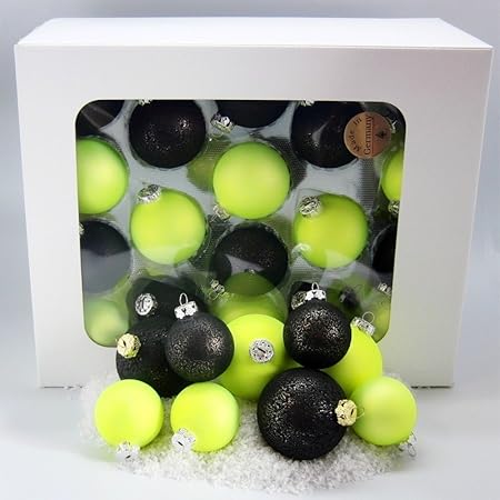 Thüringer Glasdesign JACK 59x Glas Christbaumkugeln 4 5 6 7 cm Hell NEON Gelb/Schwarz Kugeln Box