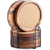 WLWNWFT Wood Cork Coasters for Drinks Absorbent with Holder, WLWNWFT Acacia Wood Coaster Sets Rustic Farmhouse for Coffee Table Dining Table Wooden Table Coasters for Desk, Set of 6 4.33in