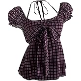 WDIRARA Women's Plaid Bow Knot Ruffle Blouse Halter Neck Puff Short Sleeve Peplum Tops