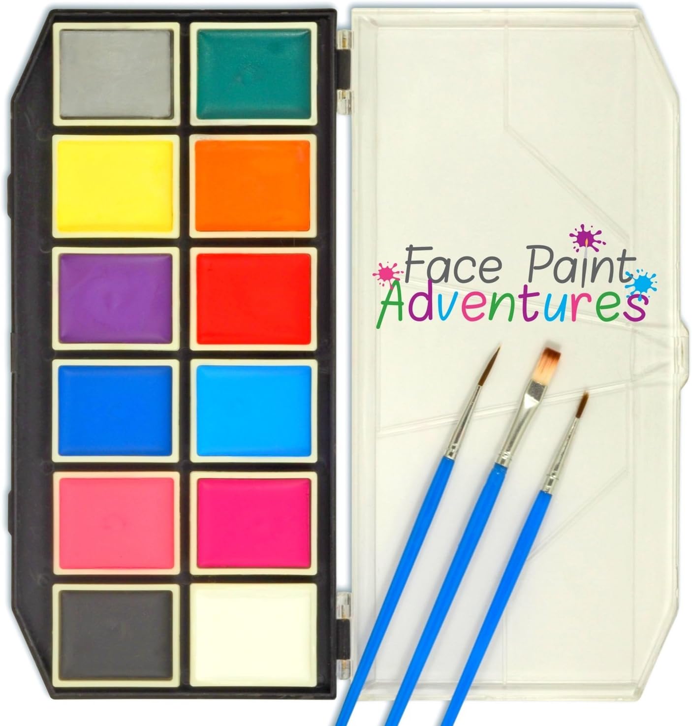 FACE PAINT | Full face & body paint set: 3 brushes, 30 stencils, 12 colors in strong palette tray | Water activated, non toxic, hypoallergenic | Children / adults / professional supplies