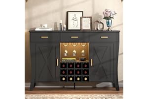 GYFIMOIE Wine Bar Cabinet with LED Light,Farmhous Liquor cabinet with Wine and Glass Rack,Coffee Station with Storage cabinet and 3 drawers,Buffet Sideboard with Arc Design for Kitchen,living room (Black)