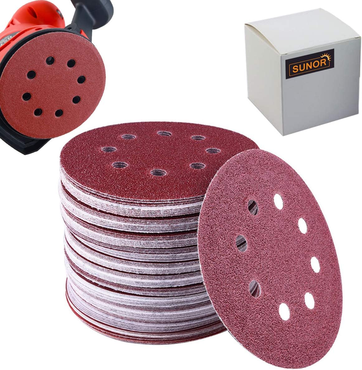 SUNOR 8 Holes Sanding Discs 5 Inch Hook and Loop Sandpaper Circular