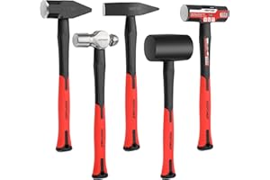 MAXPOWER 5-Piece Hammer Set - 32 oz Ball-Pein, 500g Chipping, 16 oz Rubber, 3 lb Sledge & Cross-Pein Hammers with Fiberglass 