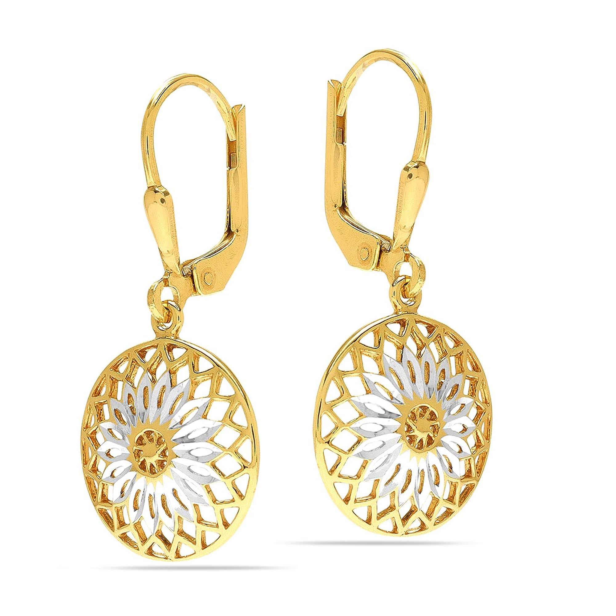LeCalla Sterling Silver Leverback Filigree Earrings Lightweight Two-Tone Diamond-Cut Dangle Marguerite Drop Earring for Women - 30mm